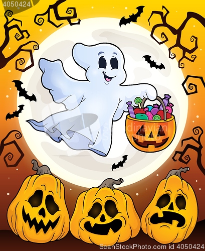 Image of Halloween theme with floating ghost