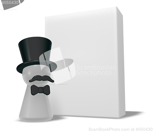 Image of pawn with hat and beard and blank white box - 3d rendering 