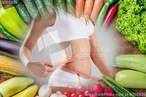 Image of Young healthy woman with vegetables. Collage
