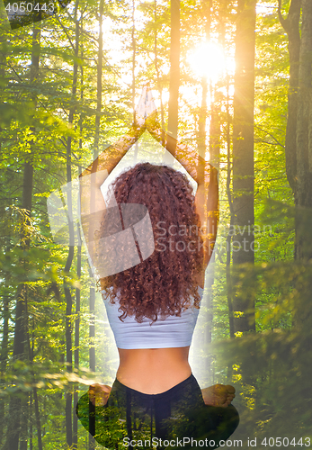 Image of The collage from image of a young fit woman doing yoga exercises at forest