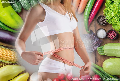 Image of Young healthy woman with vegetables. Collage