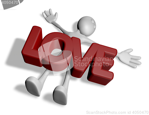 Image of cartoonguy under the word love - 3d rendering