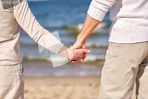 Image of close up of senior couple holding hands on beach