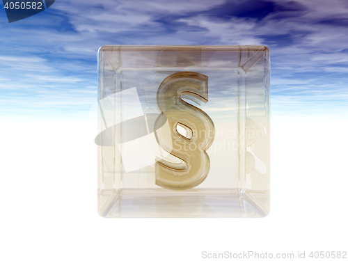 Image of paragraph symbol in glass cube under cloudy sky - 3d rendering