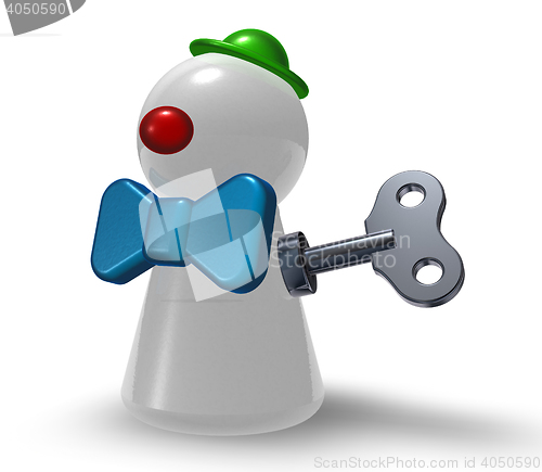 Image of wind-up clown pawn on white background - 3d illustration