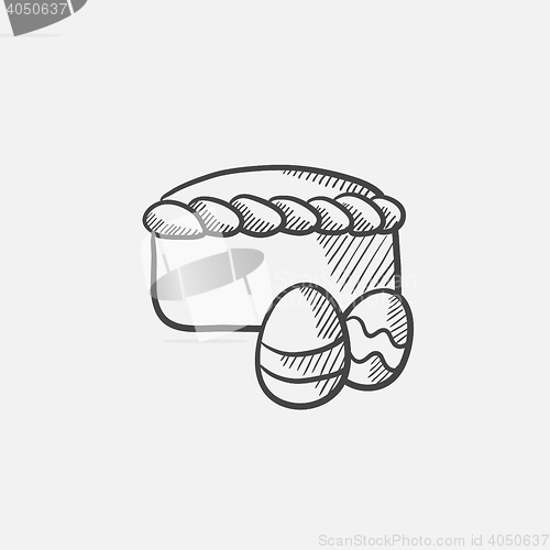 Image of Easter cake with eggs sketch icon.