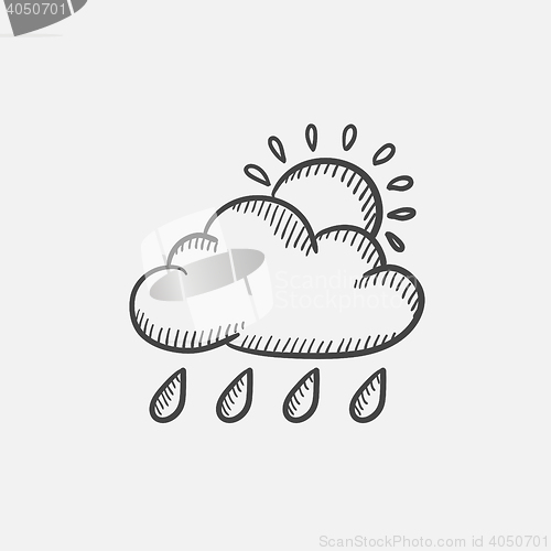 Image of Cloud with rain and sun sketch icon.
