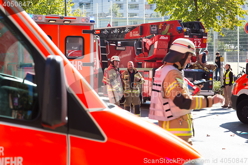 Image of Emergency services team on chemical accident location.