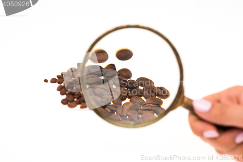 Image of Female hand keepig magnifying glass over the coffee beans