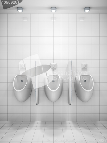 Image of a white public restroom with three urinals