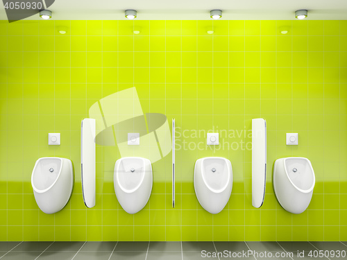 Image of a green public restroom with four urinals 