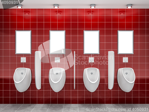 Image of a red public restroom with four urinals 