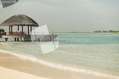 Image of patio or terrace with canopy on beach sea shore