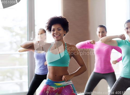 Image of group of smiling people dancing in gym or studio