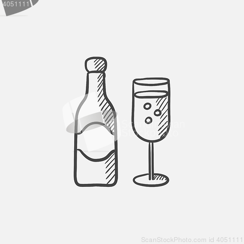 Image of Champagne bottle and two glasses sketch icon.