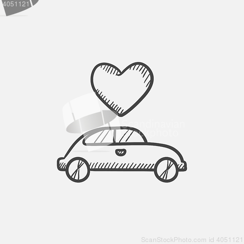 Image of Wedding car with heart sketch icon.