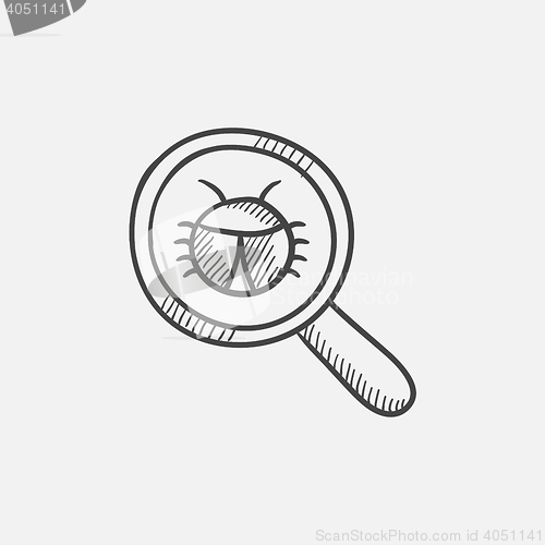 Image of Bug under magnifying glass sketch icon.