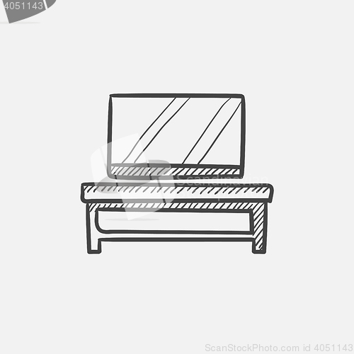 Image of Flat screen tv on modern tv stand sketch icon.