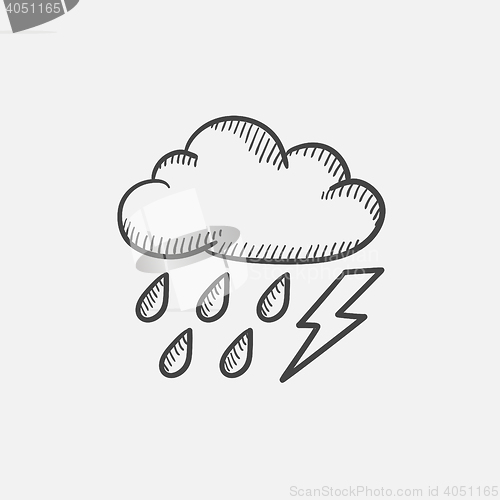 Image of Cloud with rain and lightning bolt sketch icon.