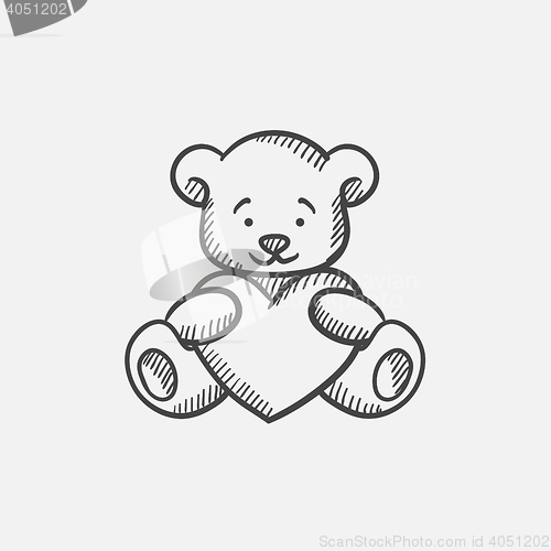 Image of Teddy bear with heart sketch icon.