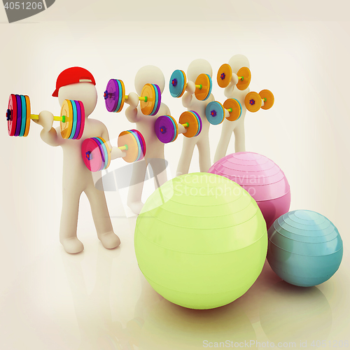 Image of 3d mans with fitness balls and dumbells. 3D illustration. Vintag