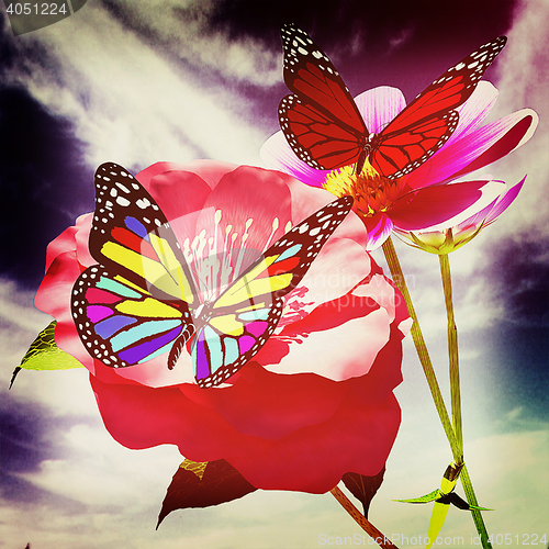 Image of Beautiful Flower and butterfly against the sky . 3D illustration