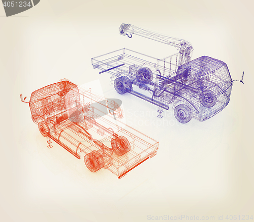 Image of 3d model truck. 3D illustration. Vintage style.