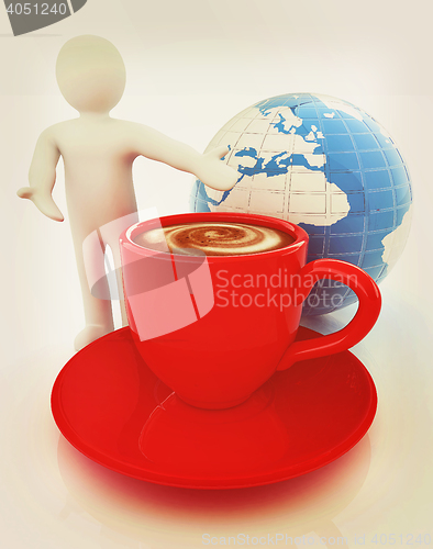 Image of 3d people - man, person presenting - Mug of coffee with milk. Gl