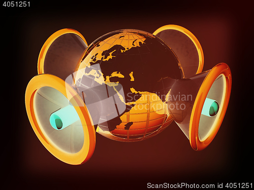 Image of Megaphone and earth.Isolated on black background.3d rendered. 3D