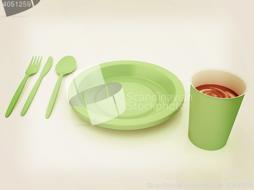 Image of Fast-food disposable tableware. 3D illustration. Vintage style.