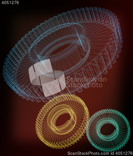 Image of Gear set on black background . 3D illustration. Vintage style.