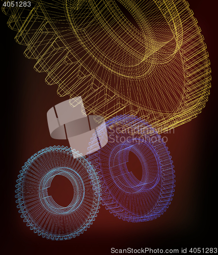 Image of Gear set on black background . 3D illustration. Vintage style.