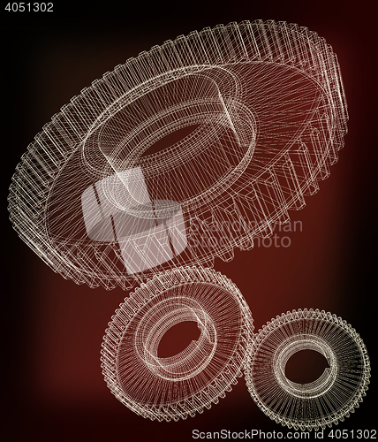 Image of Gear set on black background . 3D illustration. Vintage style.