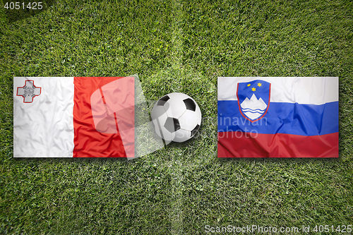 Image of Malta vs. Slovenia flags on soccer field