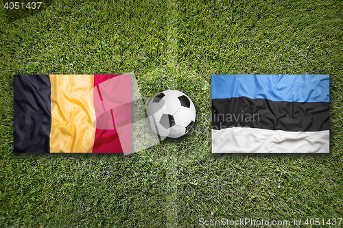 Image of Belgium vs. Estonia flags on soccer field