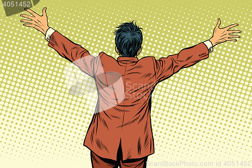 Image of Retro man worth spread wide his arms, back