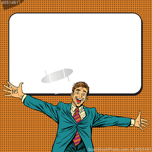 Image of Happy businessman welcomes on white background