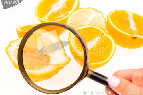 Image of Lemon and a magnifying glass on white background