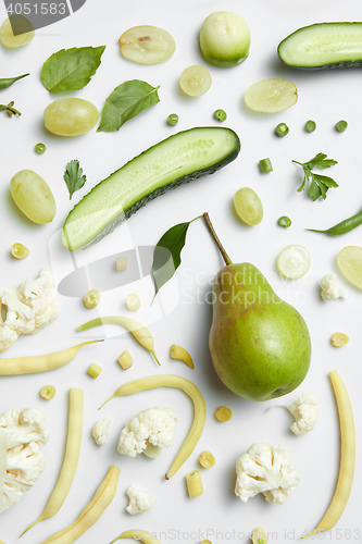 Image of still life of fresh green vegetables and fruits