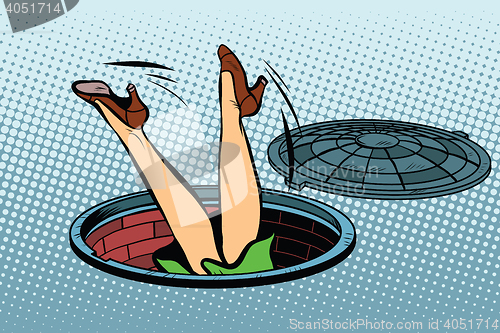 Image of Retro woman fell into a manhole of the city sewer