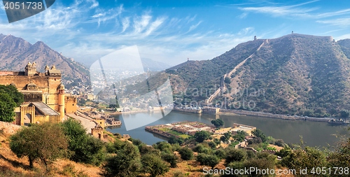 Image of View of Amer (Amber) fort and Maota lake, Rajasthan, India