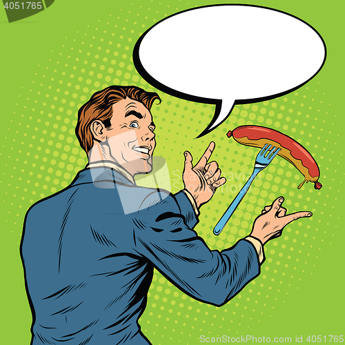 Image of Businessman showing with hands the size of sausages