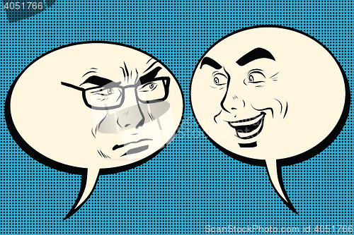 Image of Two men joyful and angry. Comic bubble smiley face
