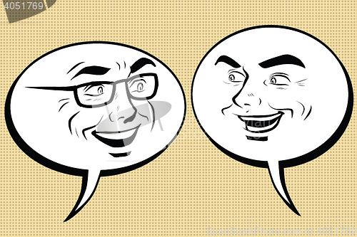 Image of Two happy men talking. Comic bubble smiley face