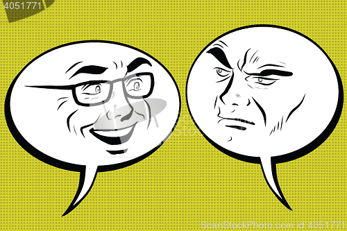 Image of Two men joyful and angry. Comic bubble smiley face