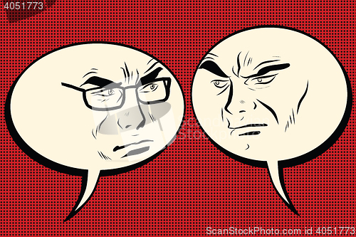 Image of Two angry men talking. Comic bubble smiley face