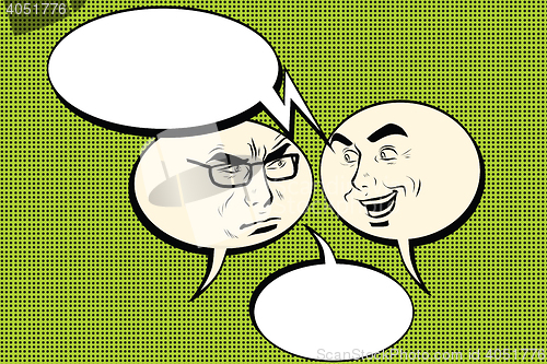 Image of Two men joyful and angry. Comic bubble smiley face