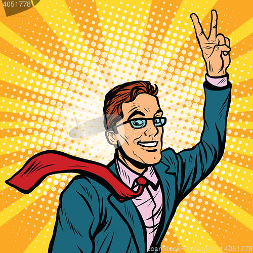 Image of Successful retro businessman a gesture of victory