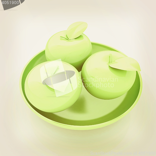 Image of apple in a plate on white. 3D illustration. Vintage style.