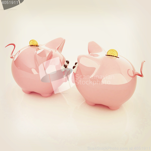 Image of Piggy bank with gold coin on white. 3D illustration. Vintage sty